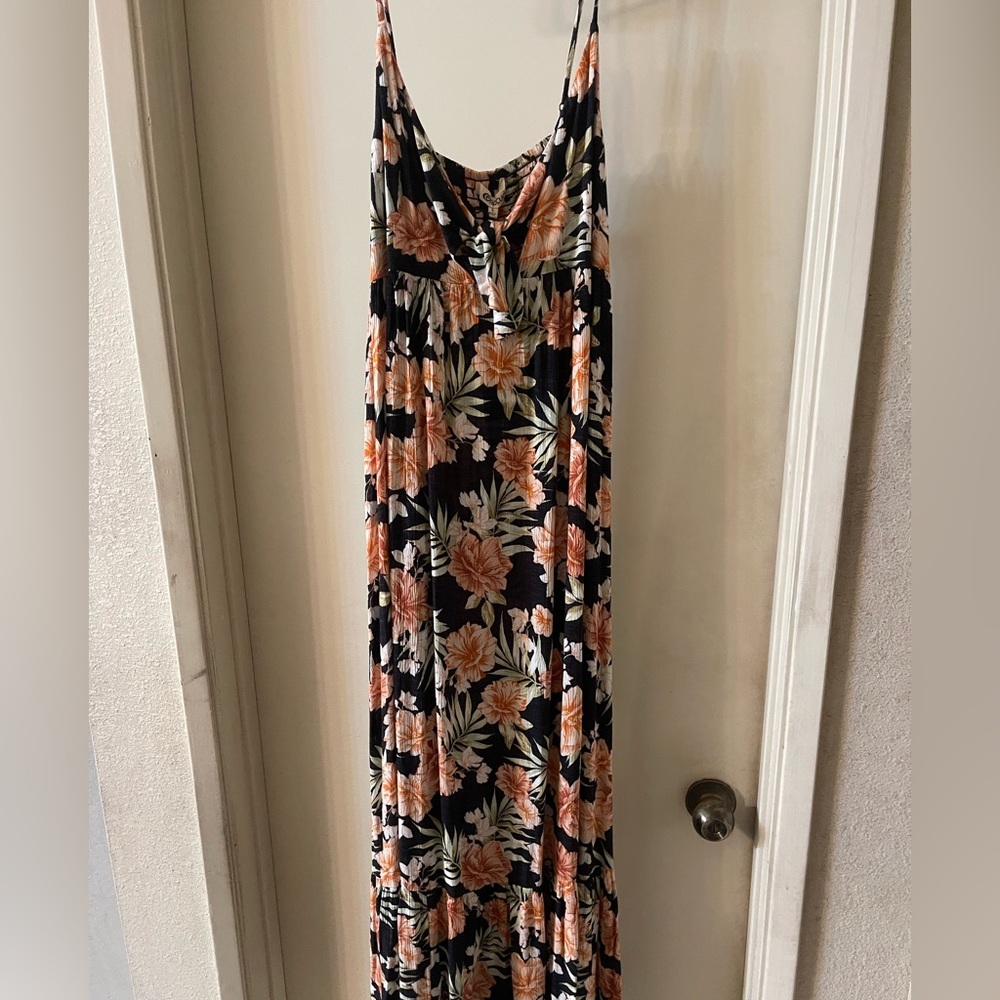 Rip Curl Black Maxi Dress with Orange and Green Floral Design